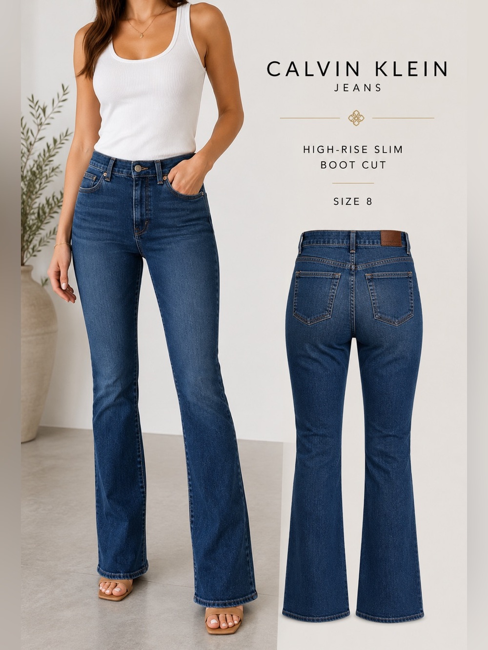 Calvin Klein High Rise Slim Bootcut Jeans Size 10 Dark Wash Stretch Denim